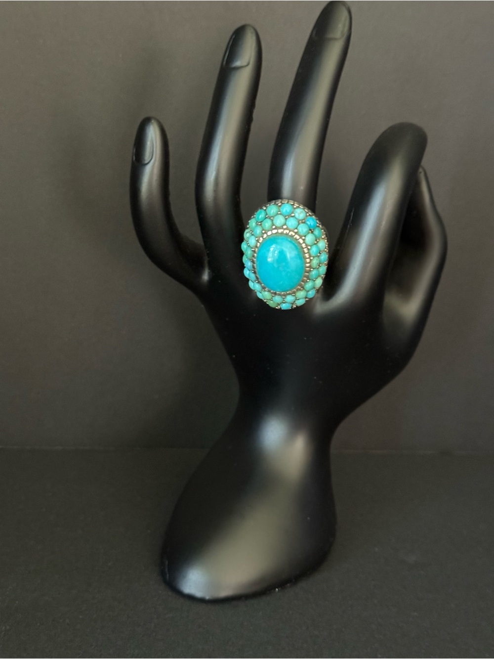 Huge Vintage Domed Turquoise 925 Sterling Silver Cluster Ring Size 8.25